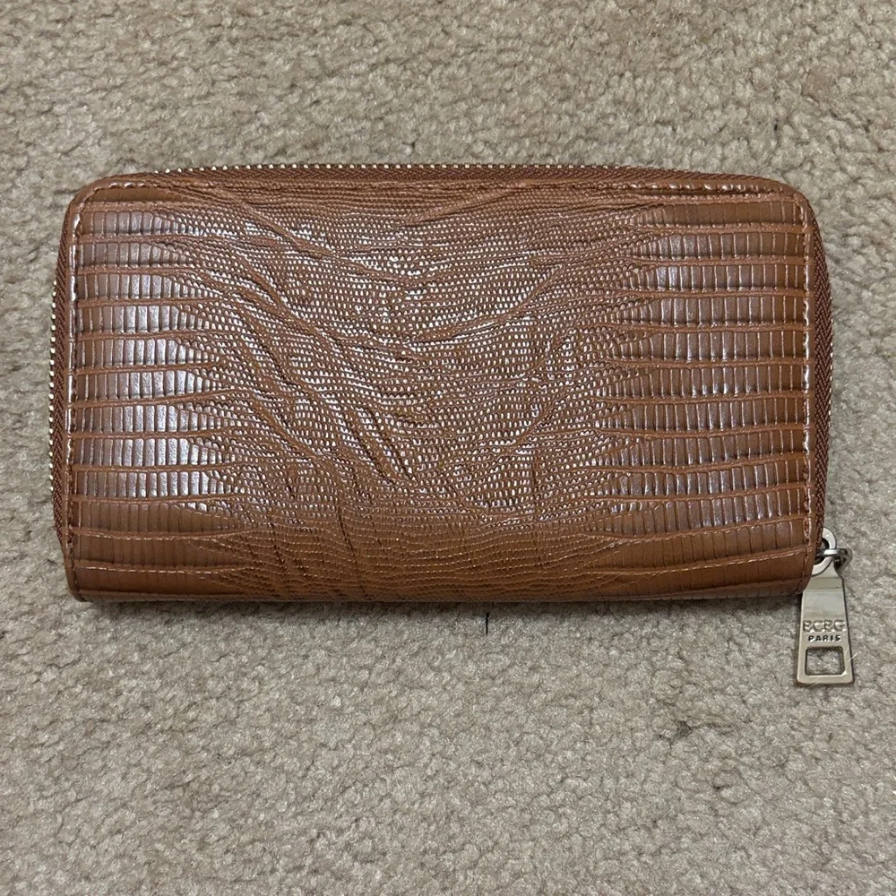 BCBG Brown Croc-Embossed Zip-Around Wallet with Gold Plate
